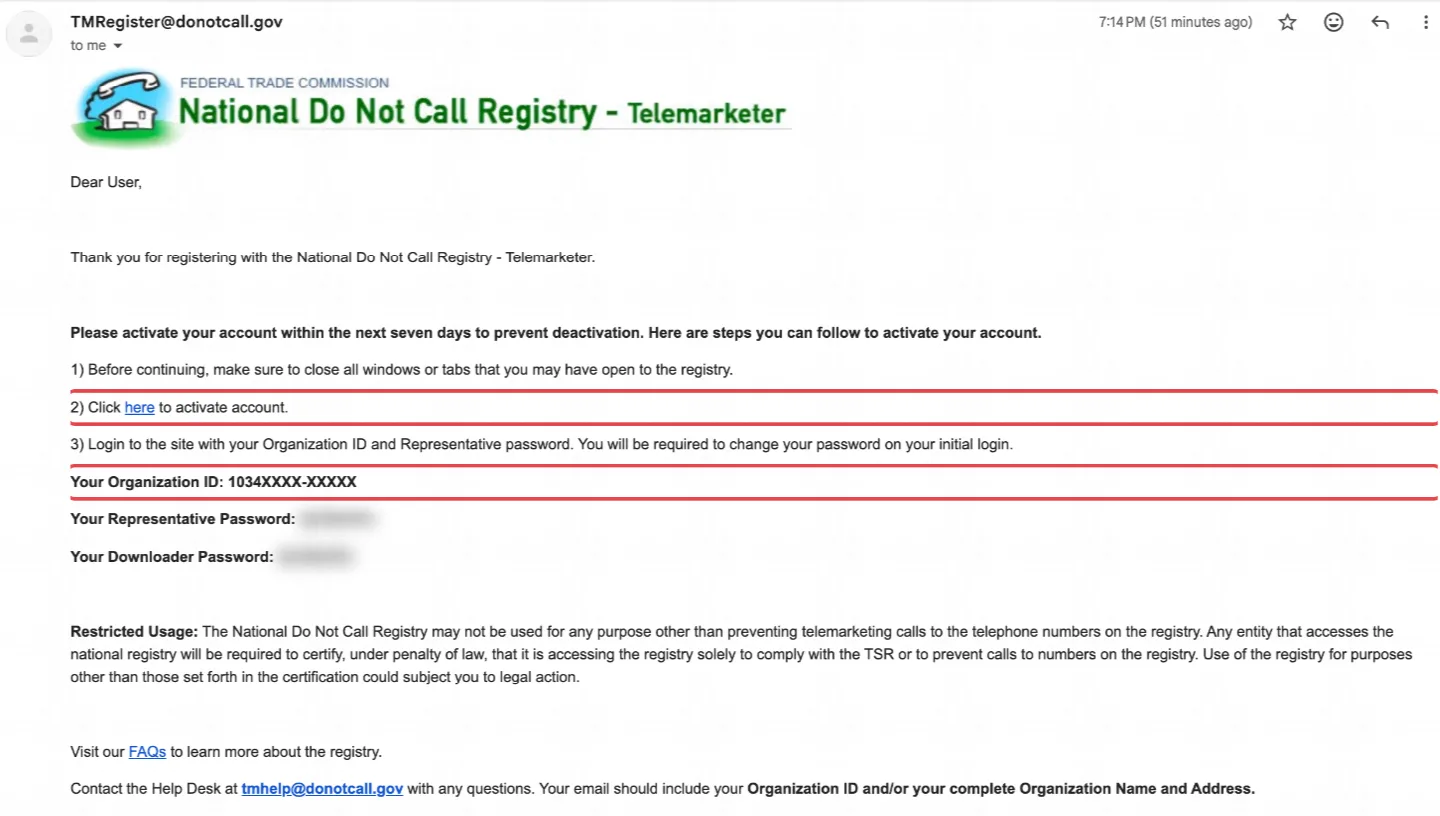 The confirmation email: click the link, then log in with your Organization ID and temporary password