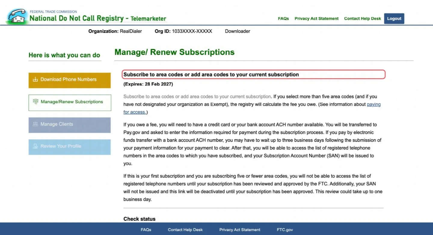 Manage/Renew Subscriptions: subscribe to your area codes