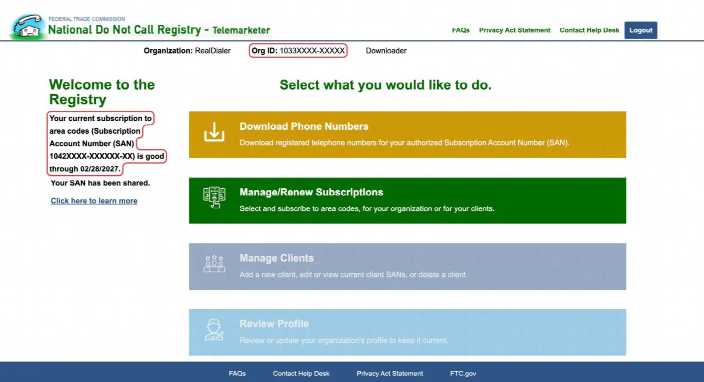 Your Organization ID at the top and your SAN on the left (numbers hidden here)