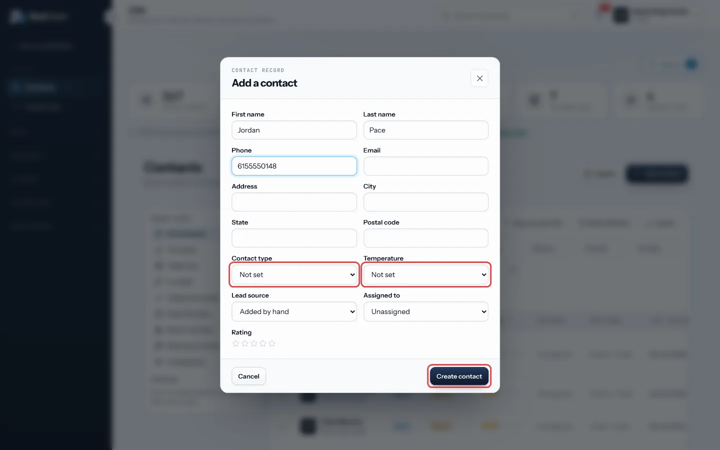 Pick a type and temperature, then press Create contact
