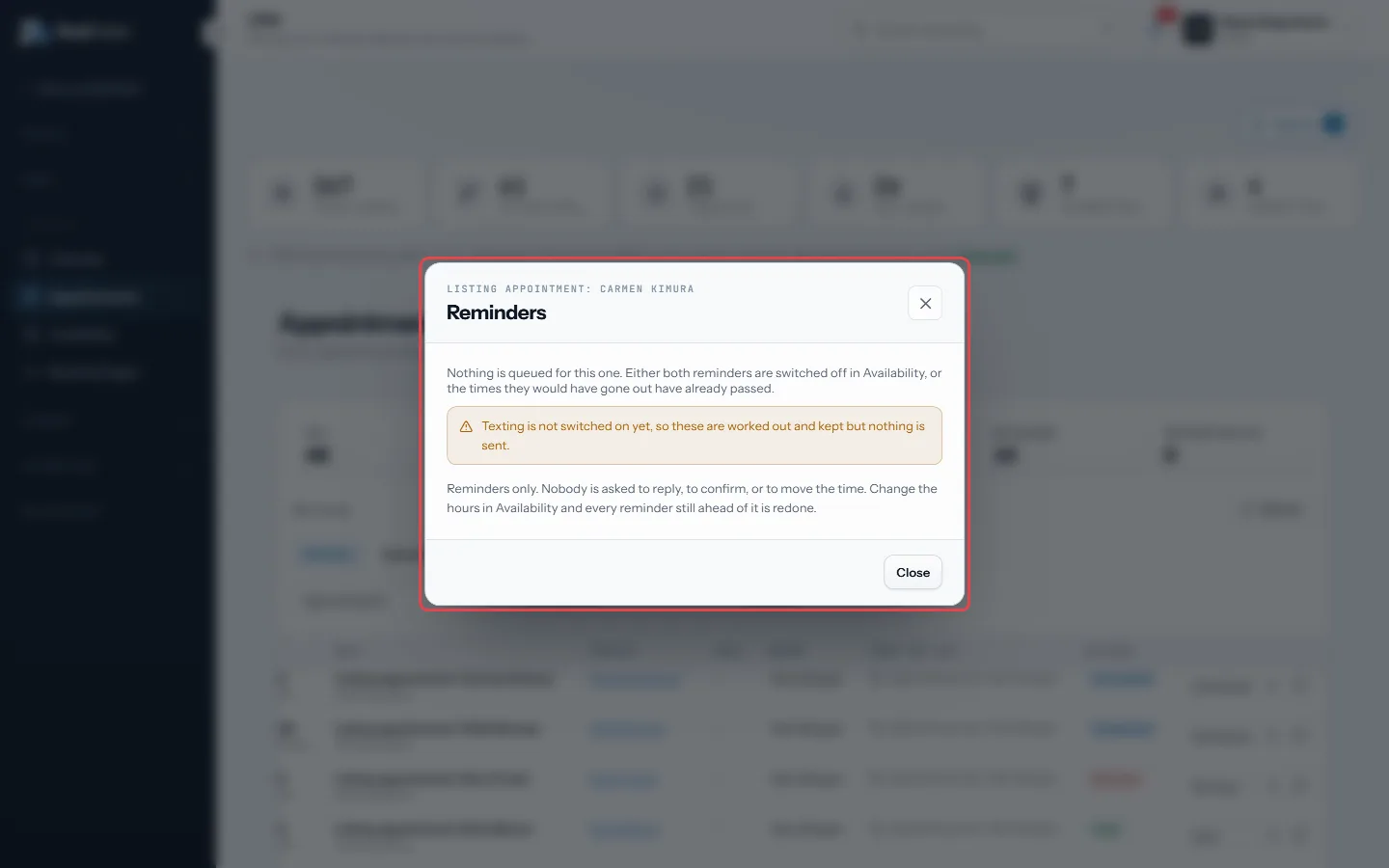 The bell on a row shows that appointment's reminders