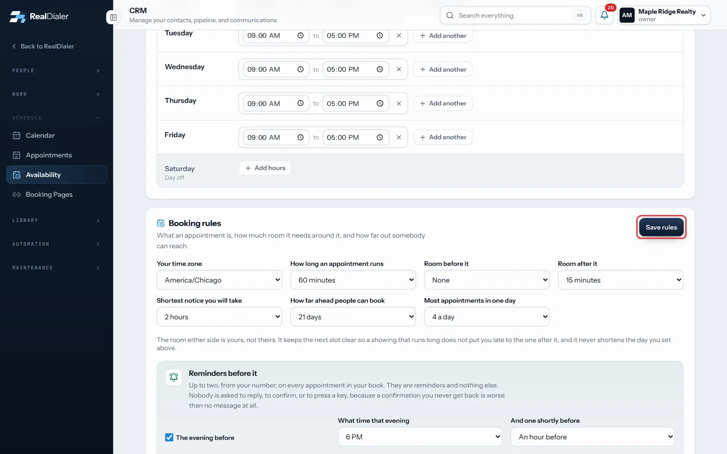 Booking rules: time zone, length, notice and limits