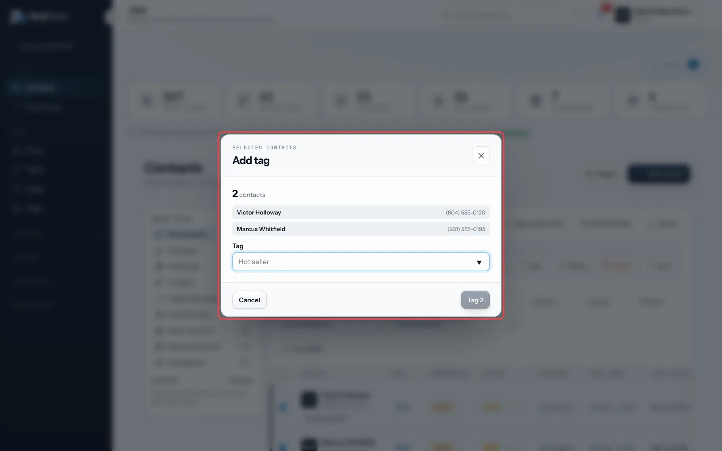 The dialog counts the contacts; pick the tag, then press Tag 2