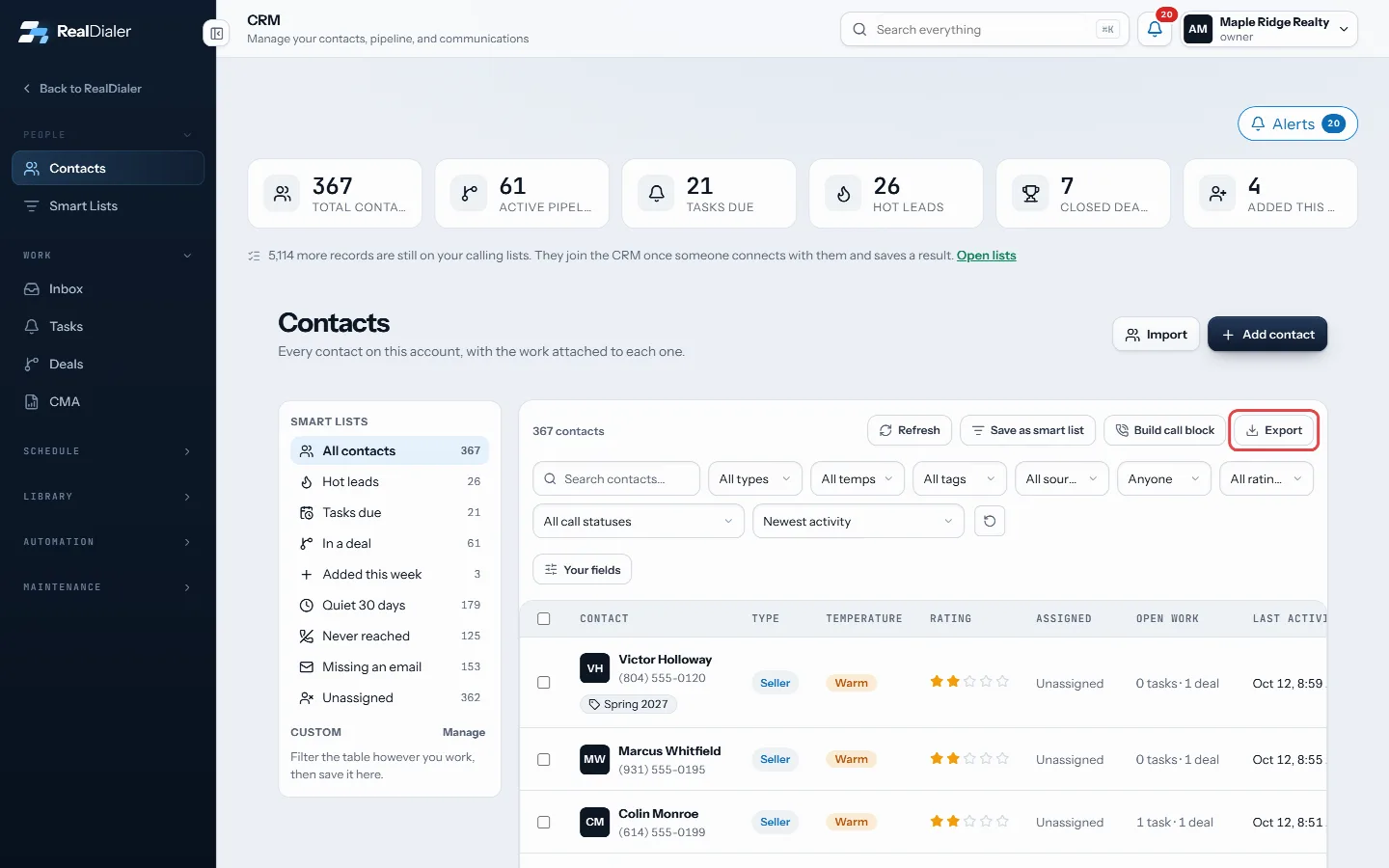 Export downloads the view, or your ticked rows, as a CSV