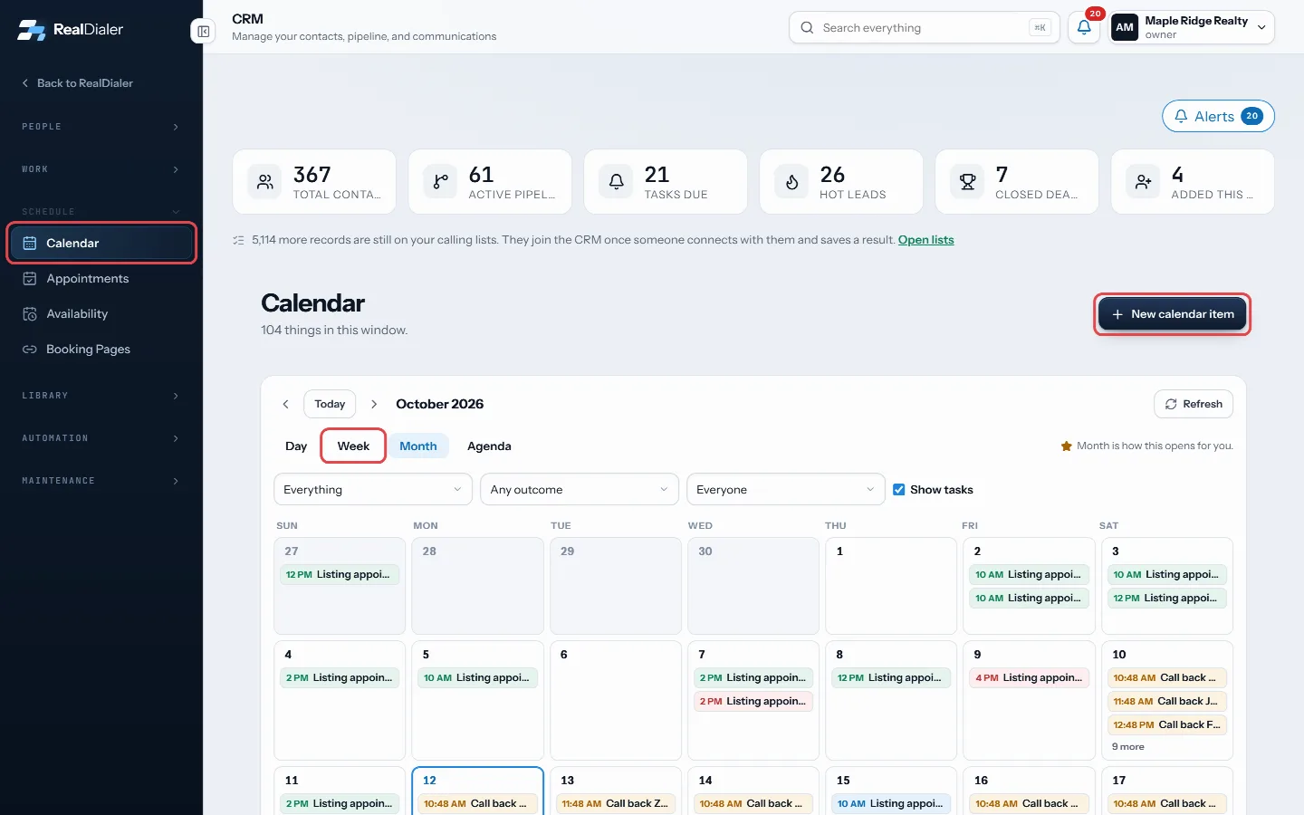 Pick a view, then press New calendar item to add something