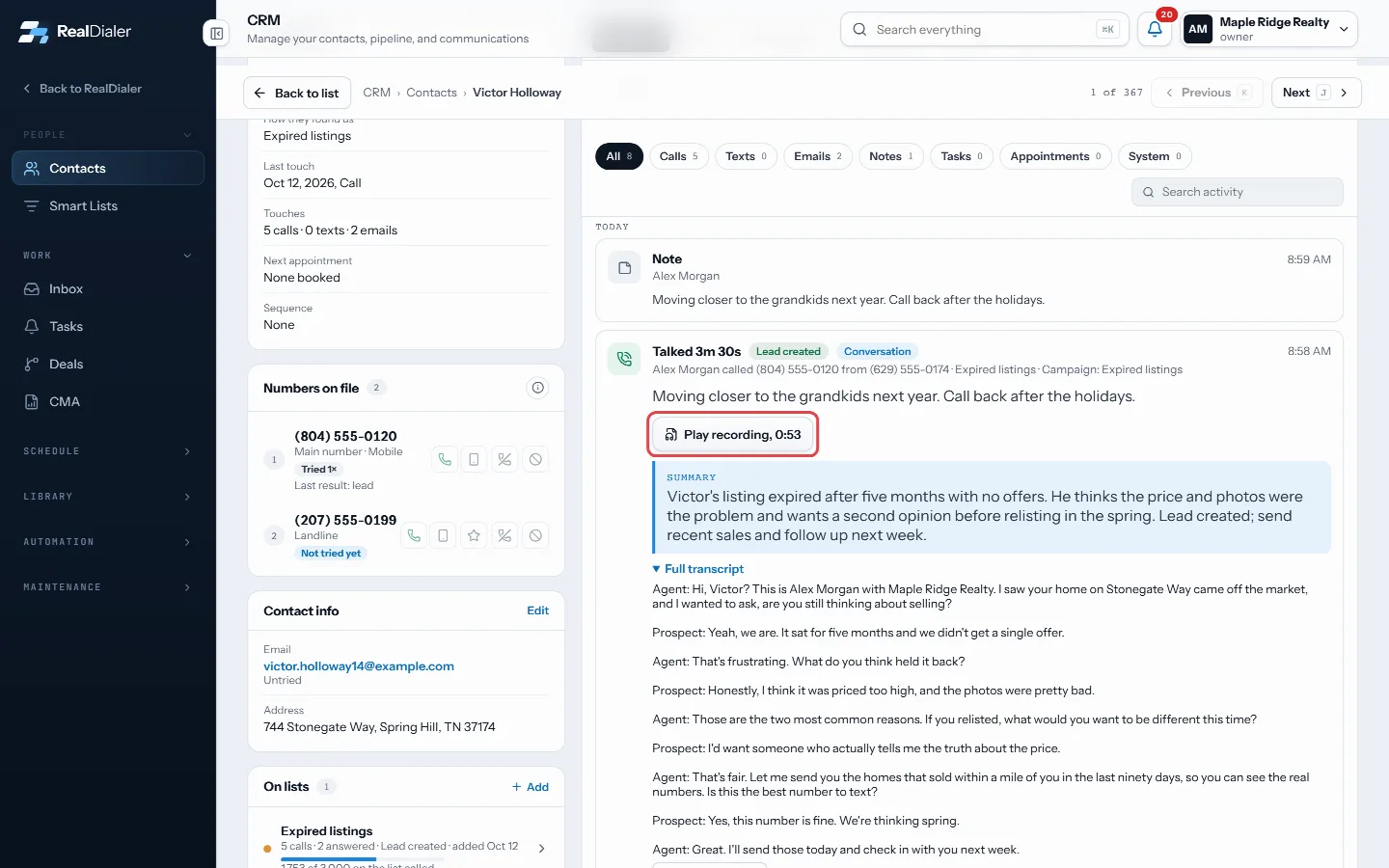 Each call on the Activity timeline shows who called, the result, notes and the recording