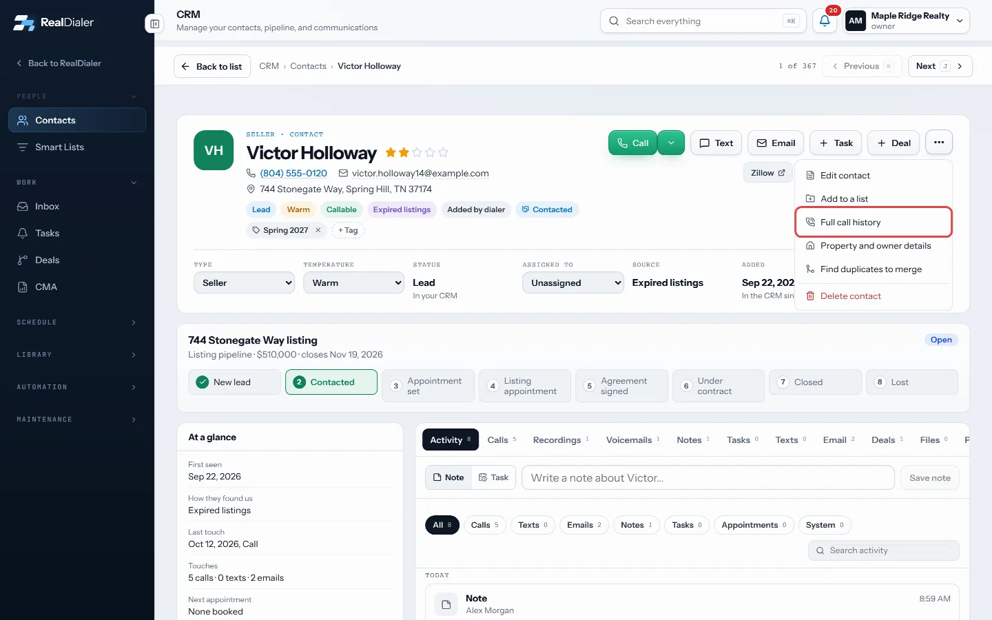 More actions > Full call history