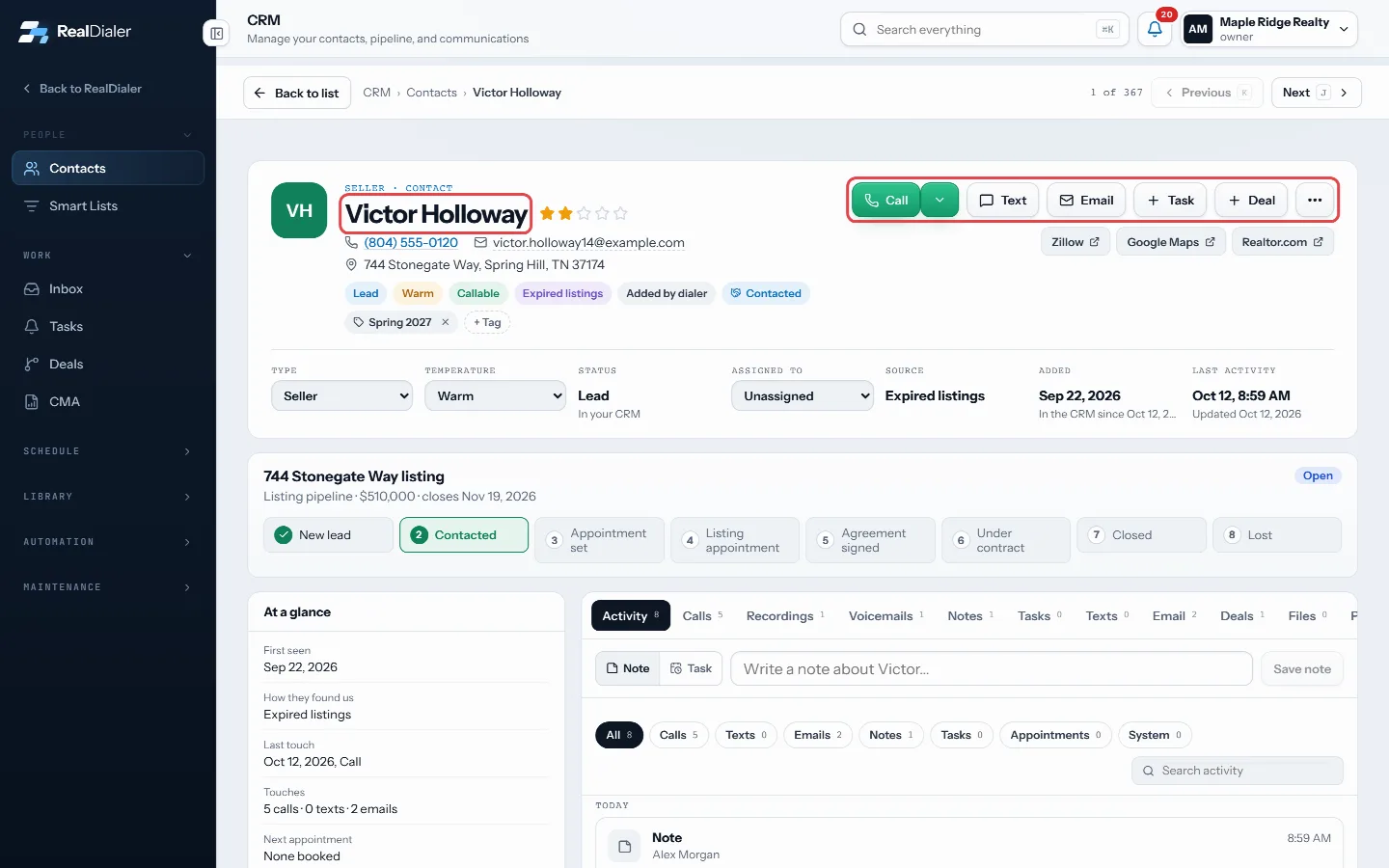 The header: name, rating, number, email, address, tags and the action buttons