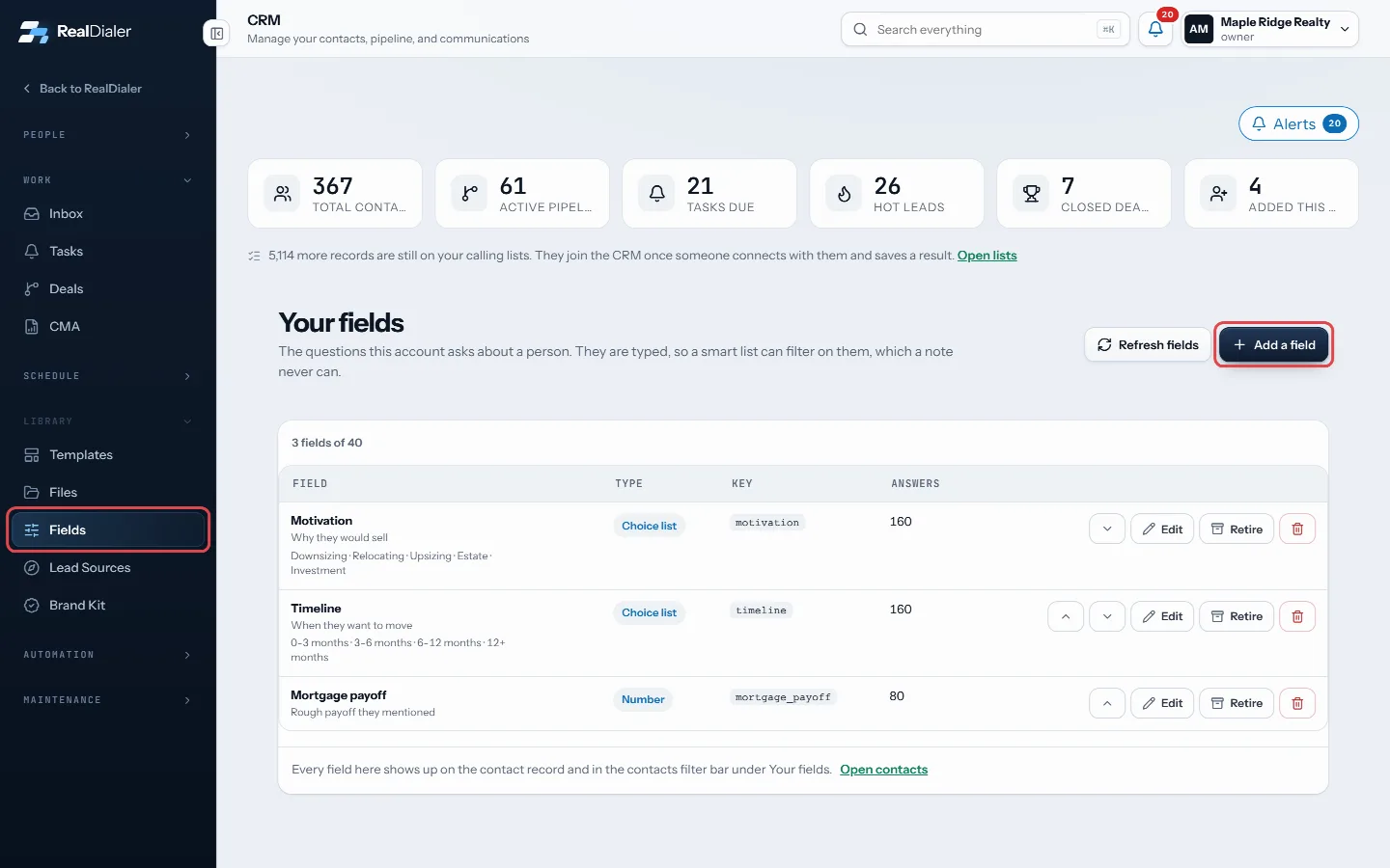 In CRM > Fields, press Add a field