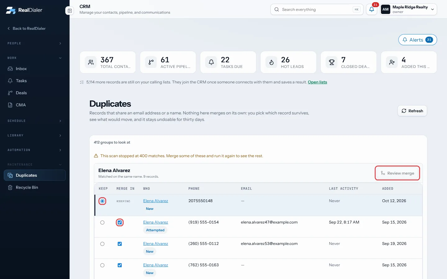 Pick Keep, untick any to leave out, then Review merge