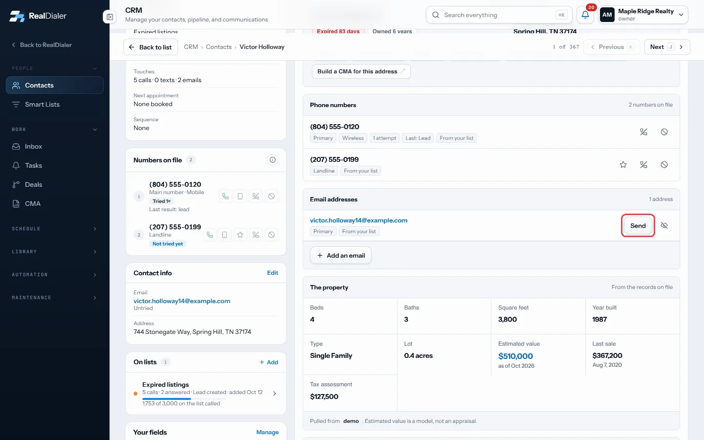 On Property, Send opens your email app with a subject