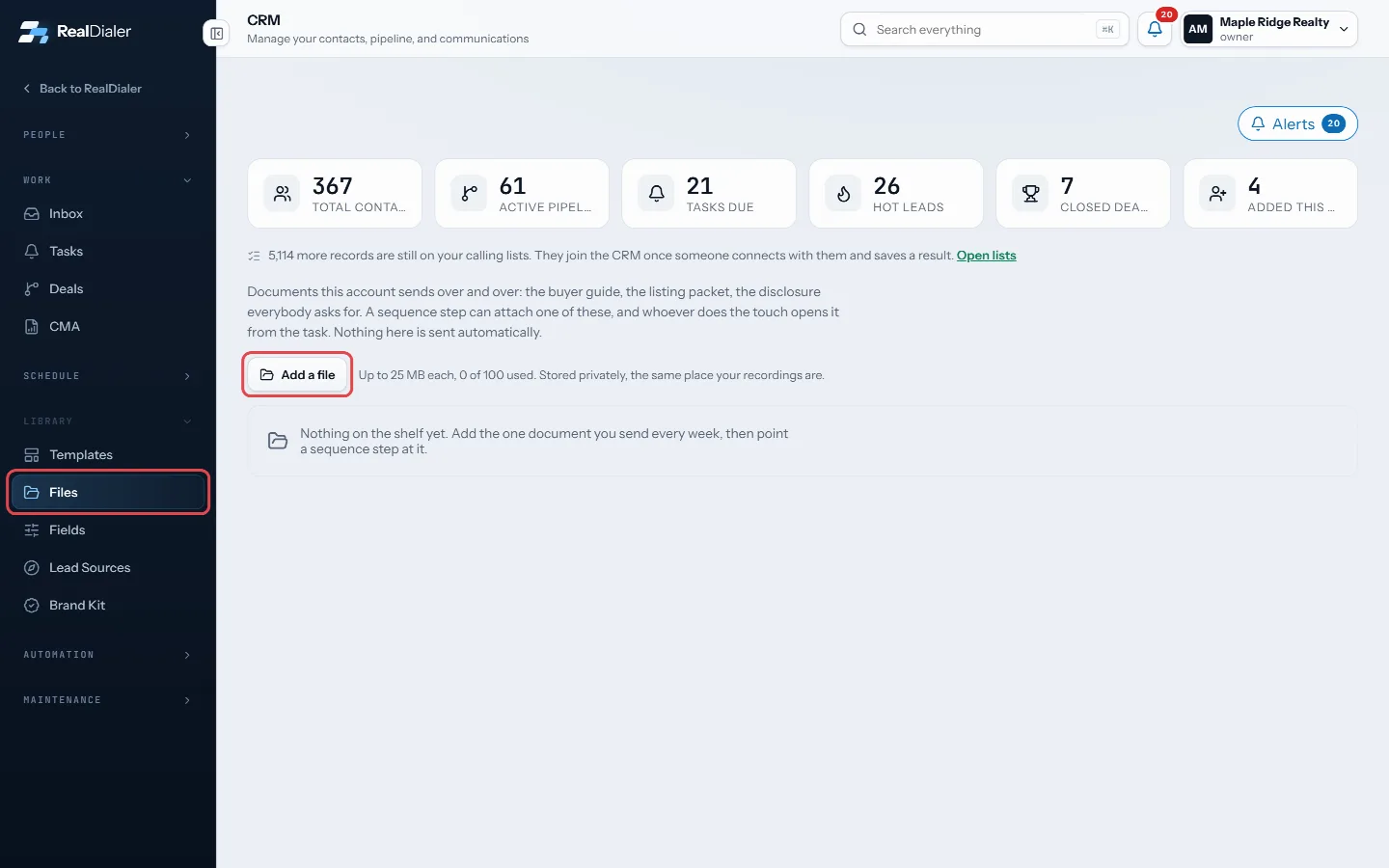 In CRM > Files, press Add a file