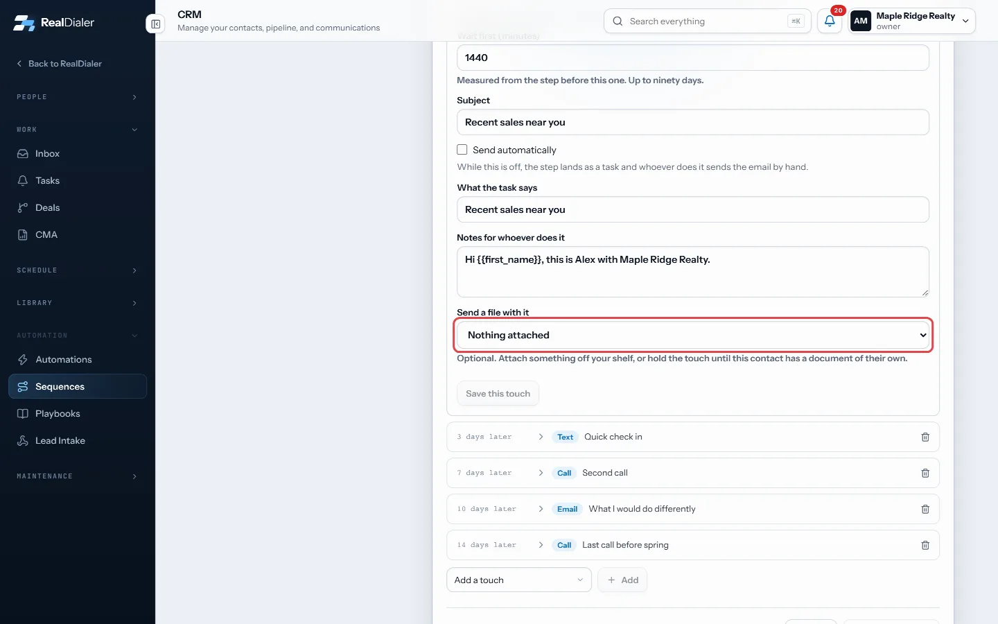 In a sequence touch, pick the file under Send a file with it