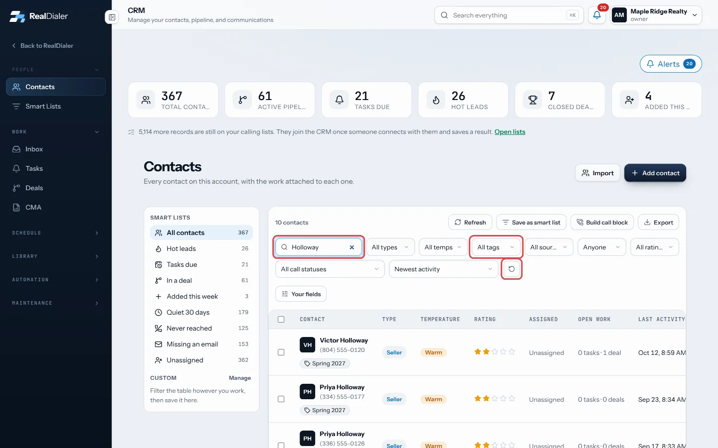 Search by name, number or email, narrow with the filters, reset with the arrow
