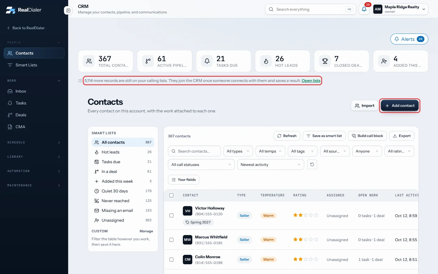 The note counts records still only on your lists; Add contact adds someone by hand