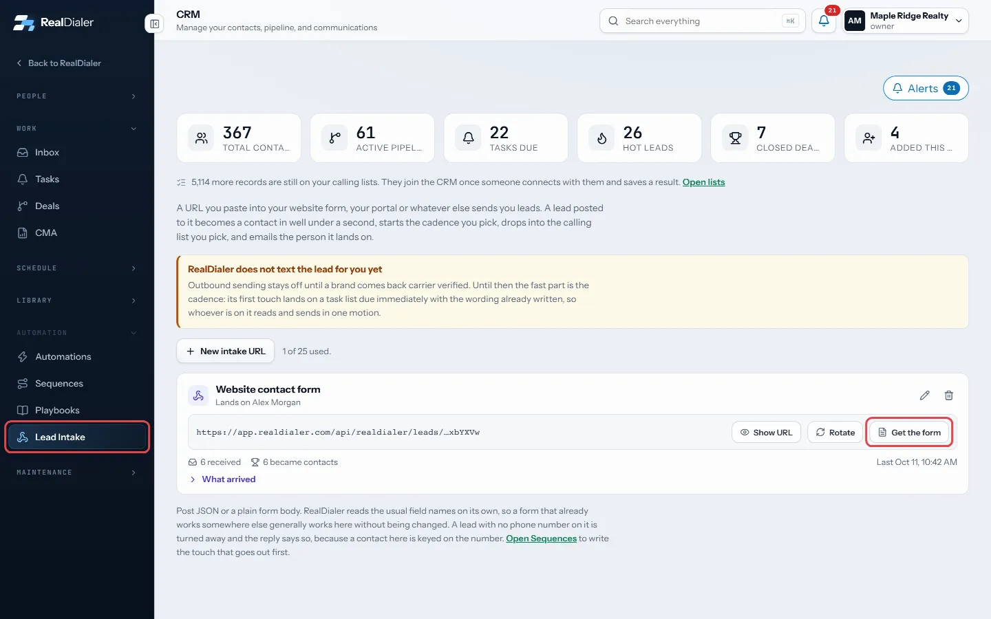 In CRM > Lead Intake, press Get the form on the intake card to find Add to WordPress