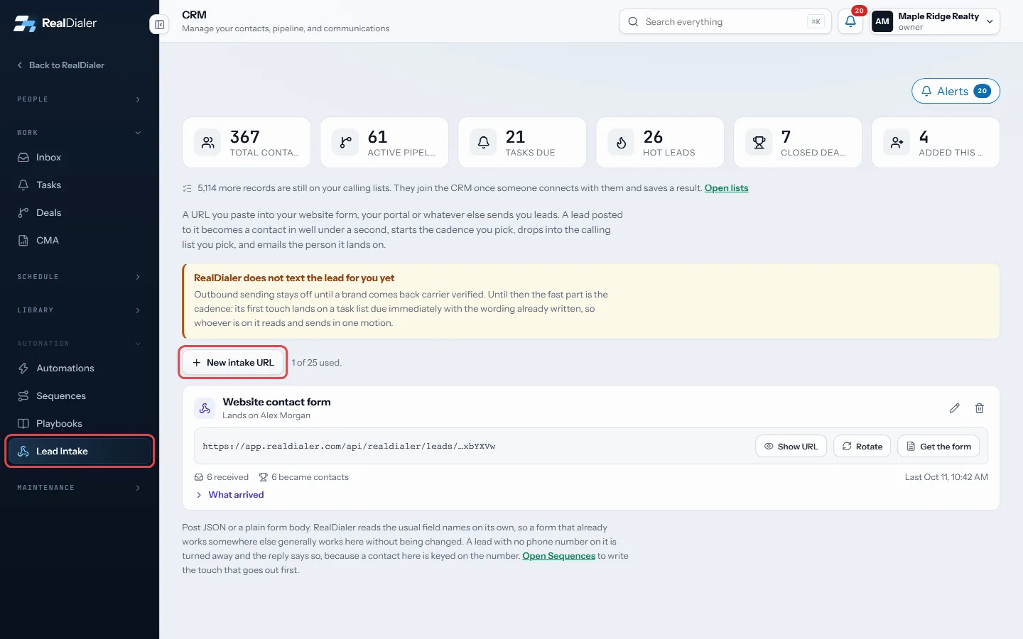 In CRM > Lead Intake, press New intake URL