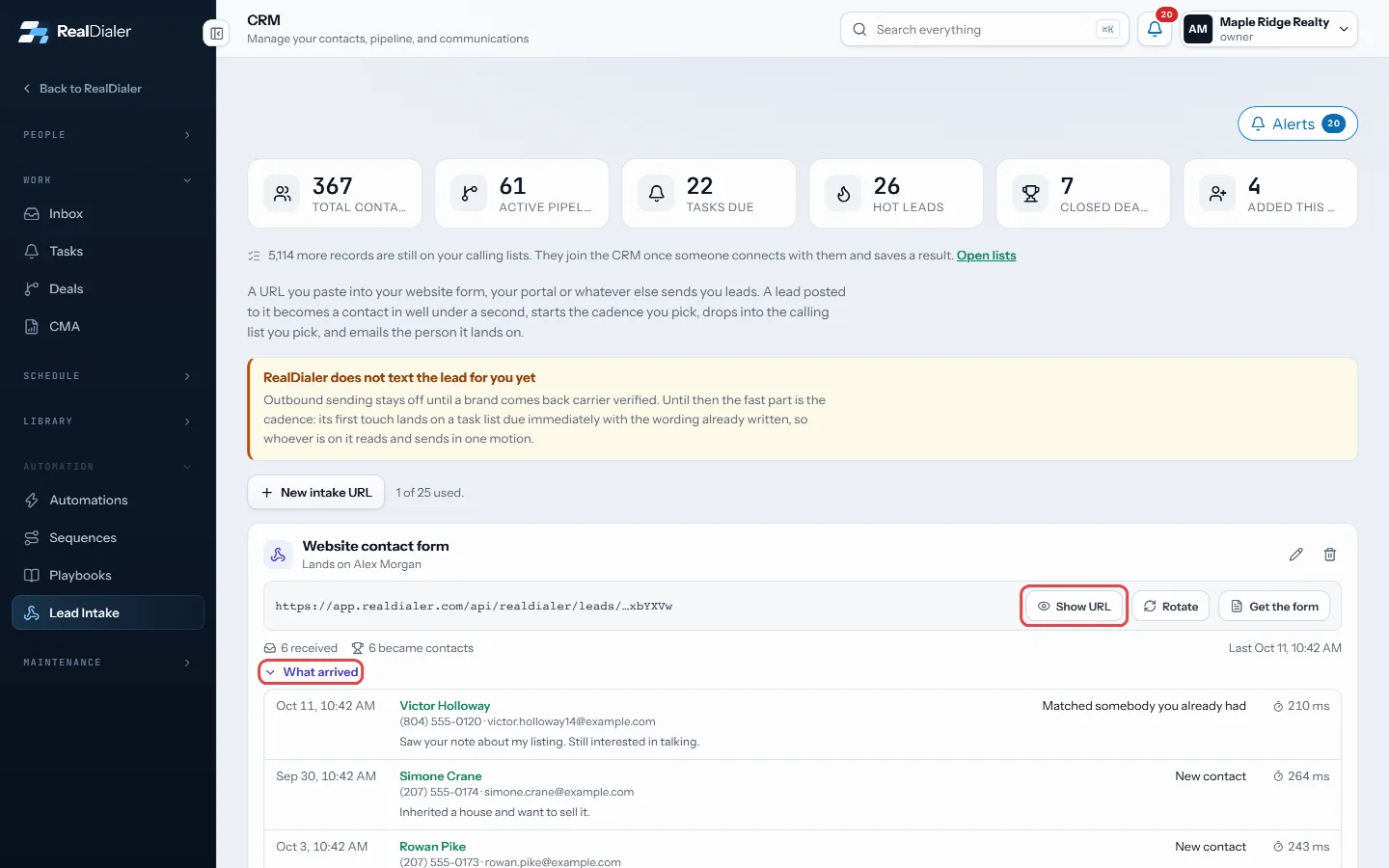 Show URL to copy it; What arrived lists each lead