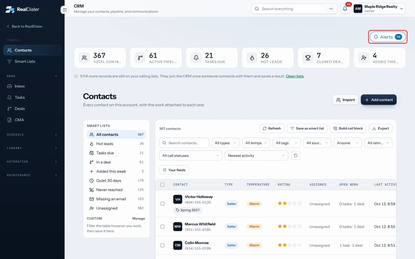 In the CRM, Alerts opens the same list