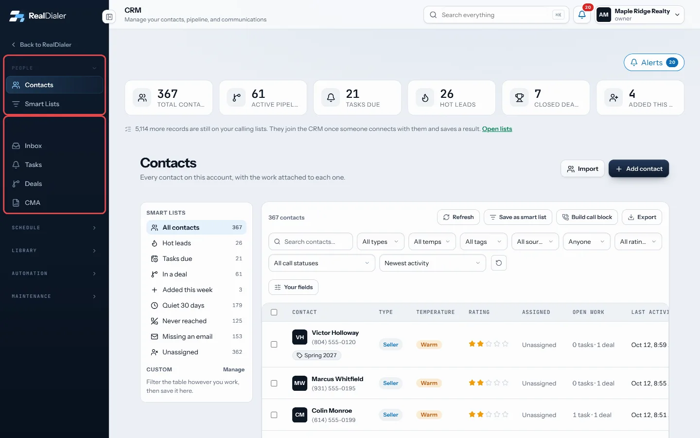The CRM menu groups its rooms. Click a group name to open it