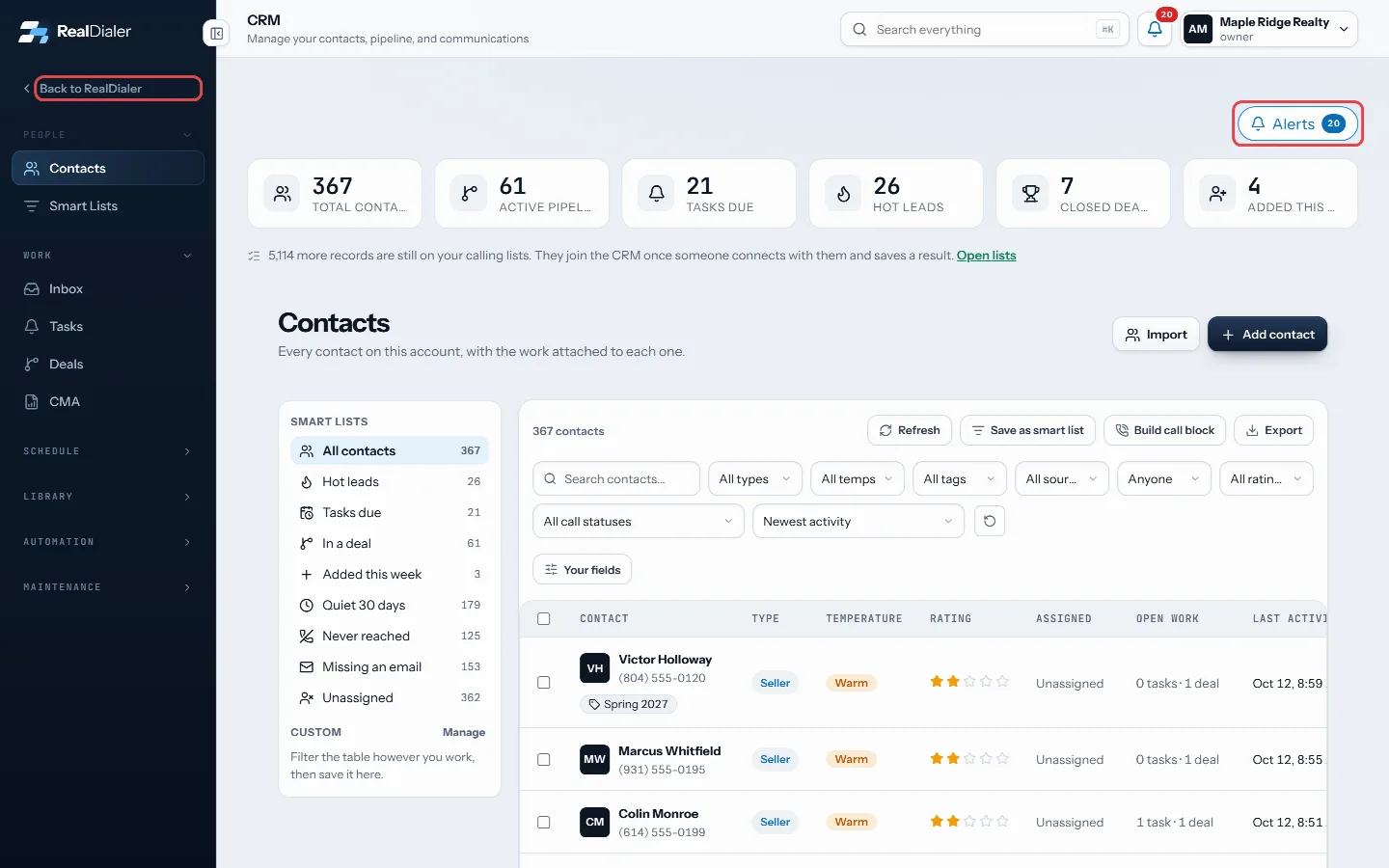 Back to RealDialer leaves the CRM; Alerts shows missed calls and replies