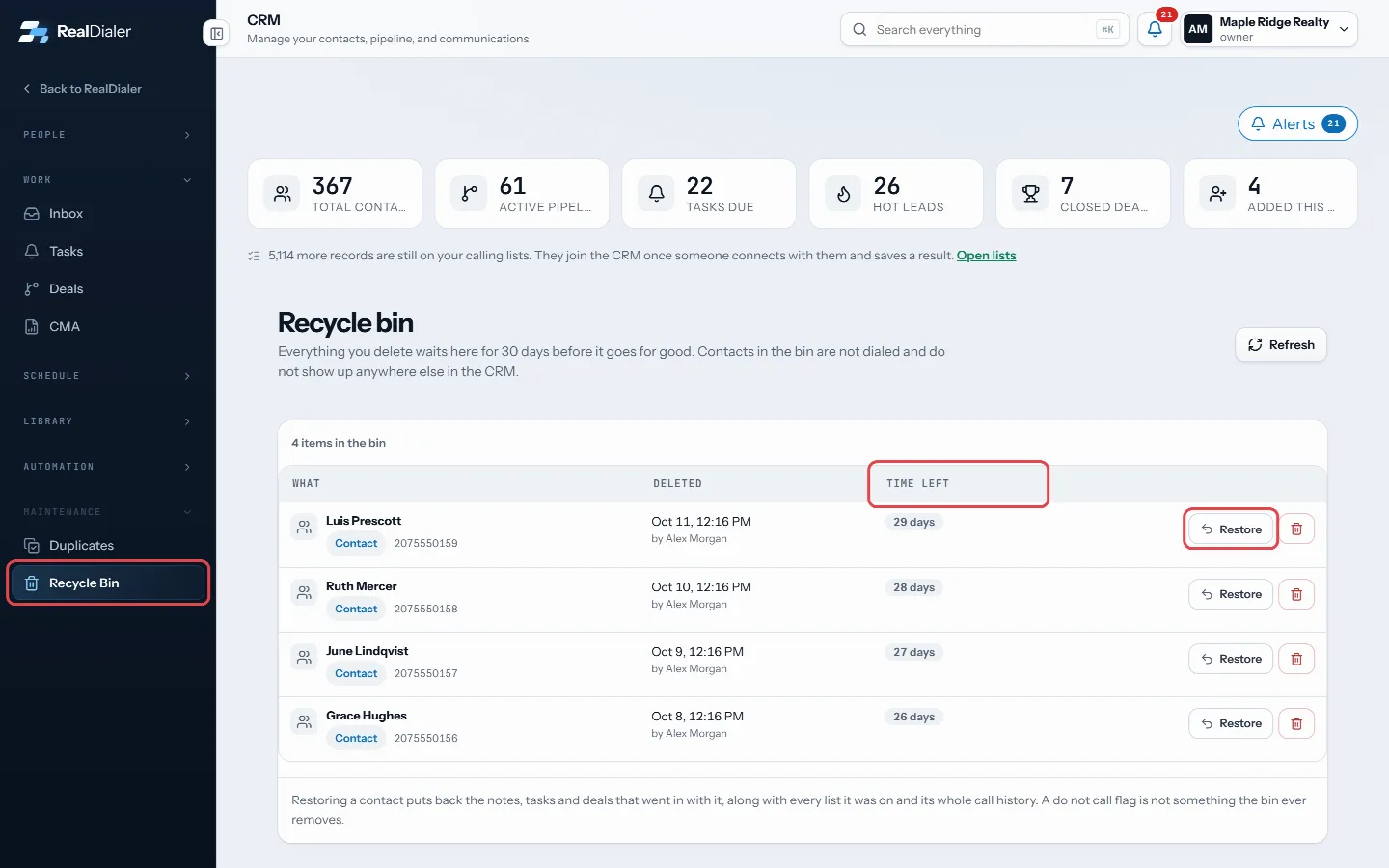 Restore brings it back; Time left counts the days