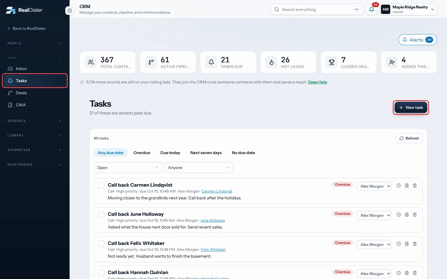In CRM > Tasks, press New task