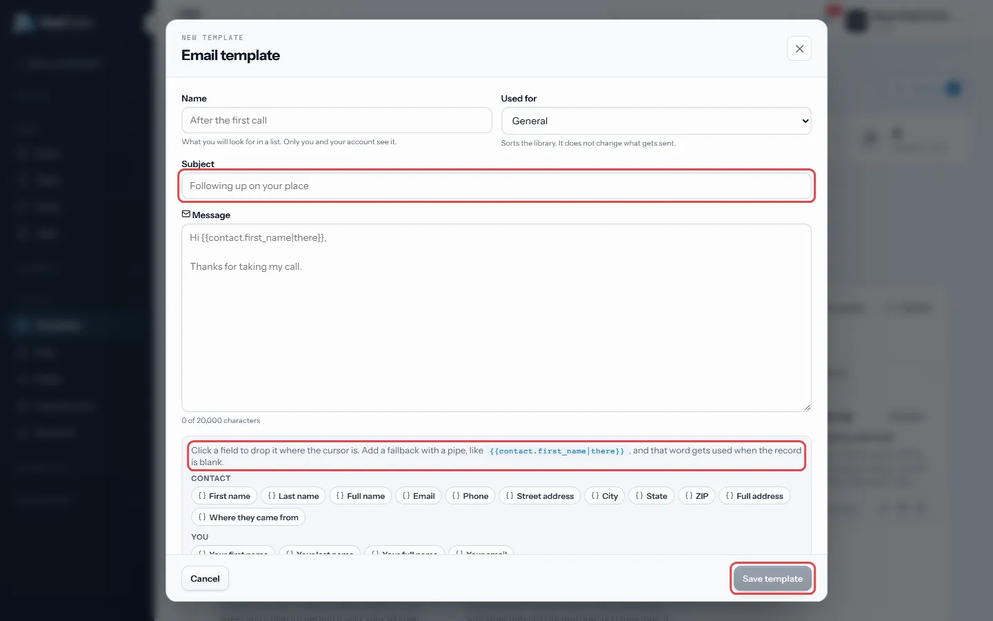 Write the subject and message, add merge fields, then Save template