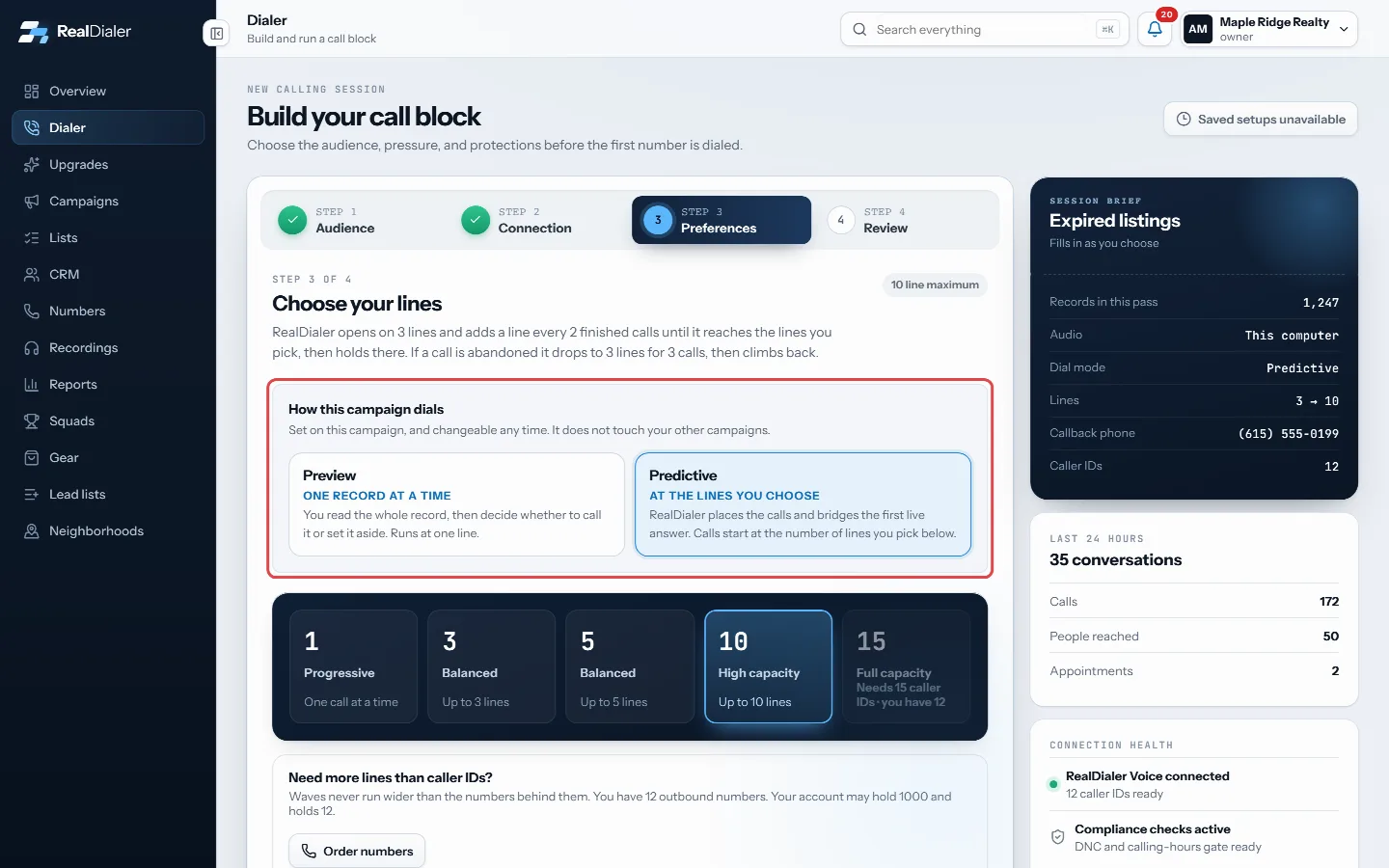 Step 3 Preferences: under How this campaign dials, press Preview or Predictive.