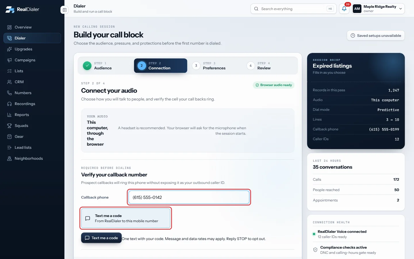Step 2 Connection: type your cell in Callback phone. The code comes by text message.