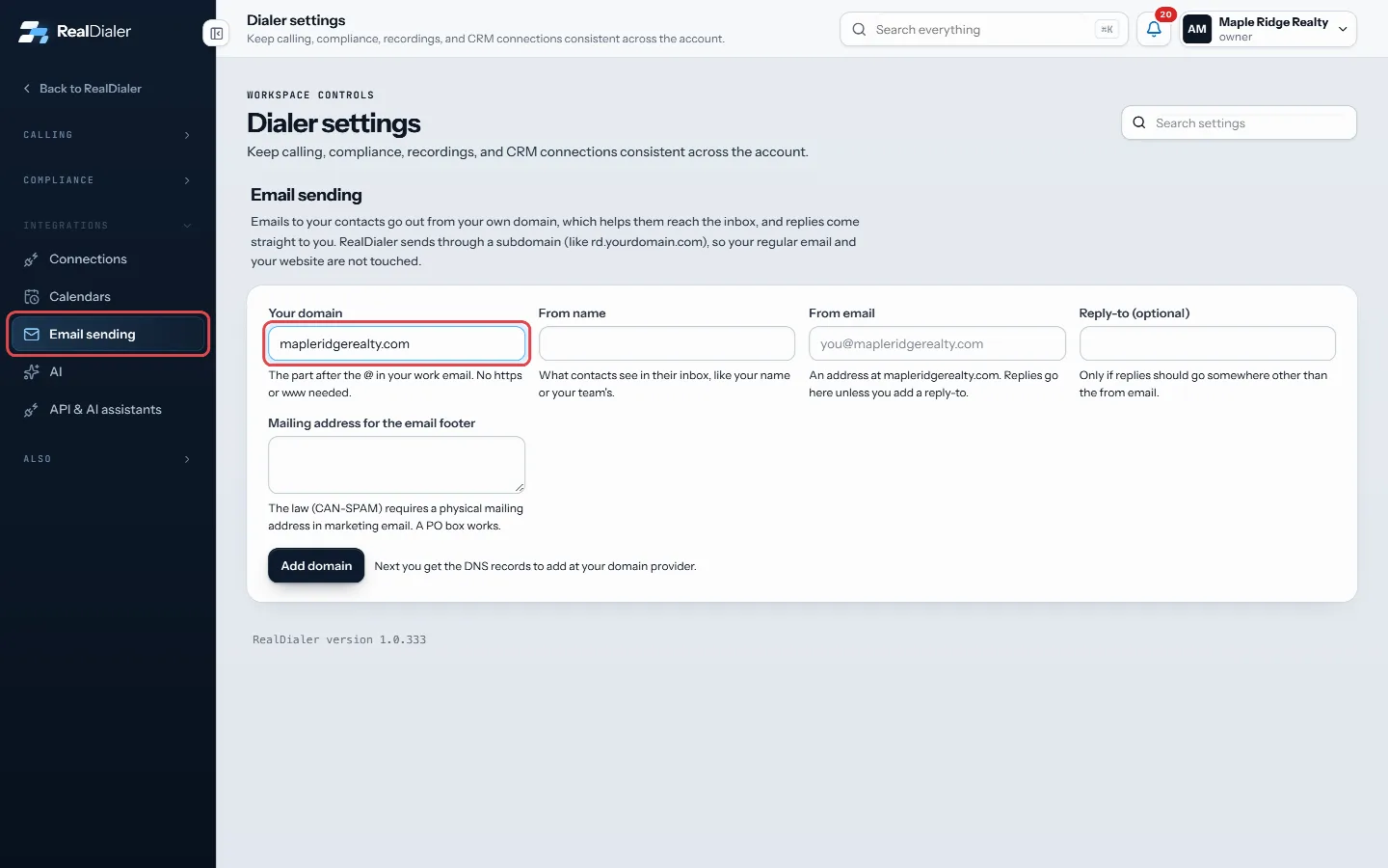 Settings, Email sending: type your domain