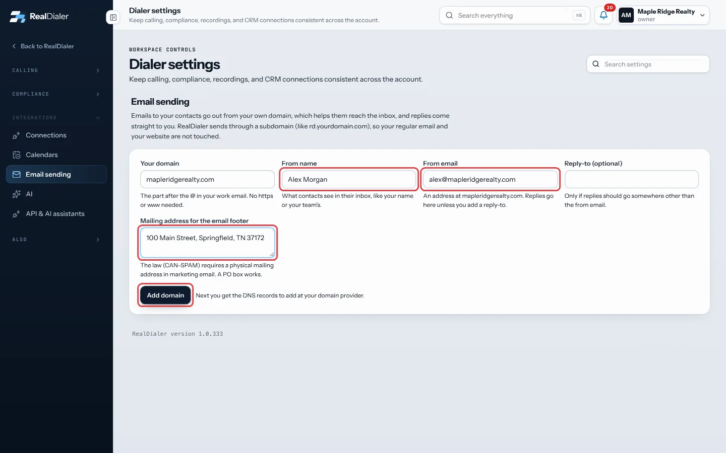 Fill in the sender details and press Add domain