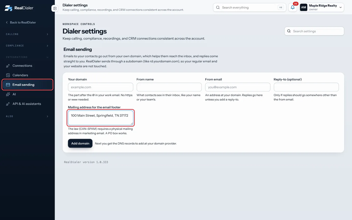 Email sending: the mailing address for the email footer
