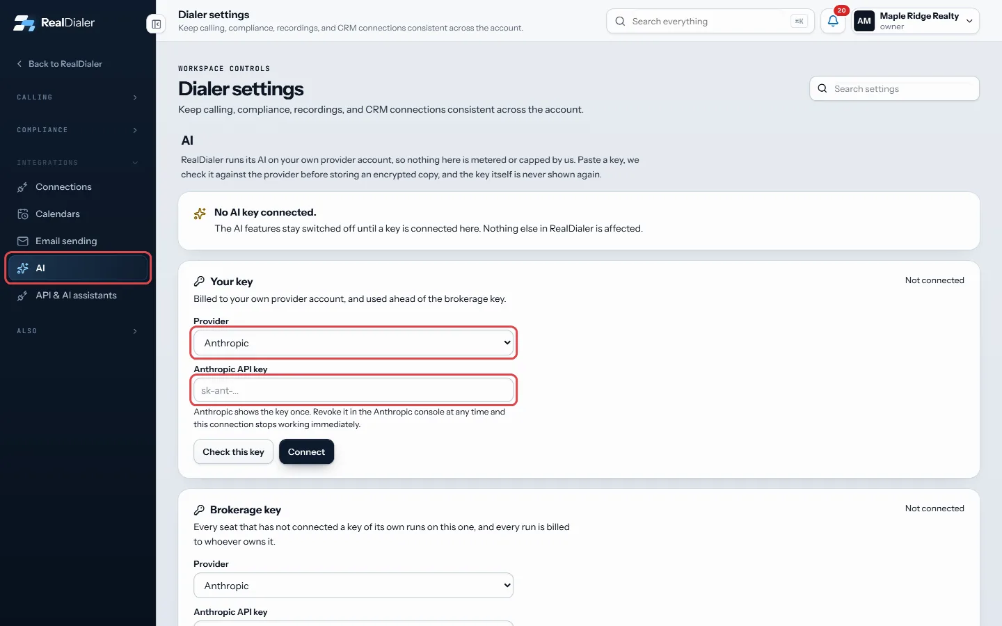 Open AI, choose the Provider and paste your key