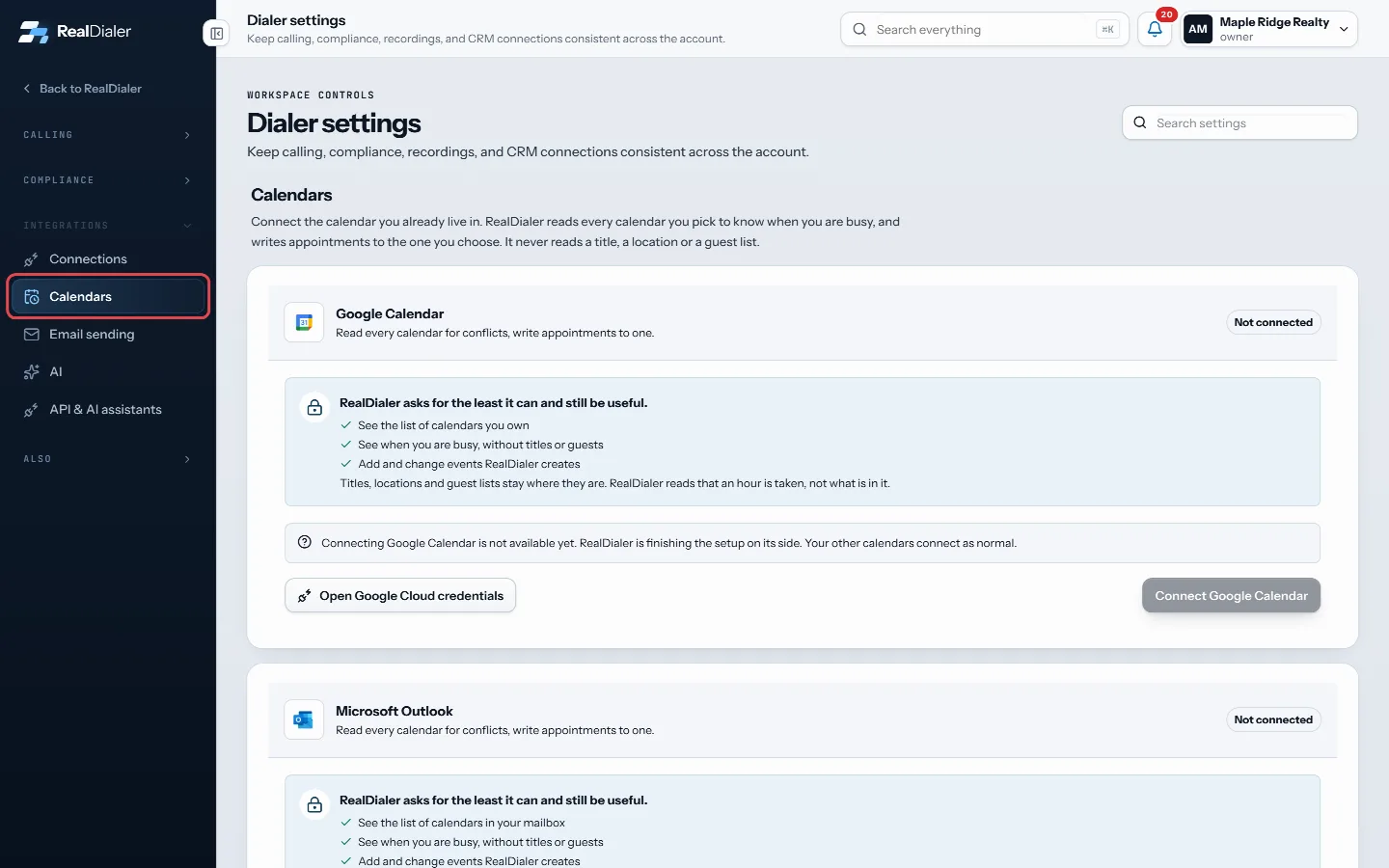 Open Settings, then Calendars under Integrations
