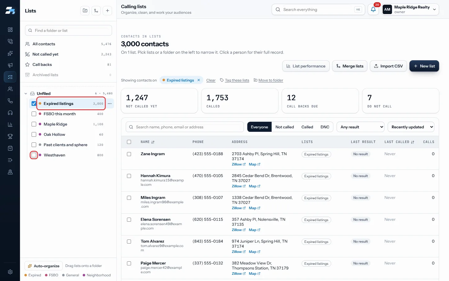 Click a list to show its contacts, or tick several