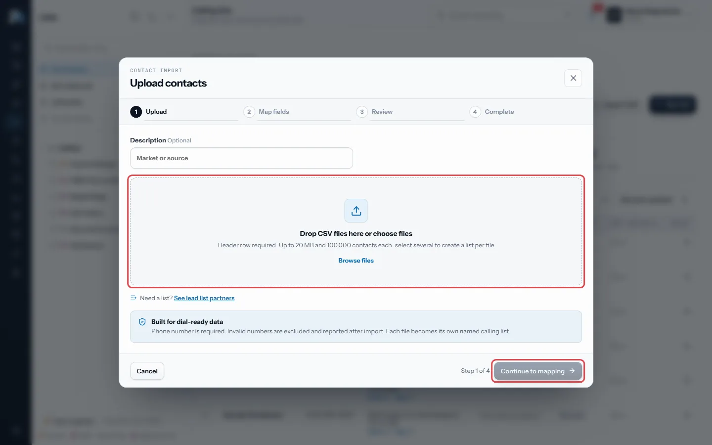 Drop CSV files on the box, or click it to choose; then Continue to mapping
