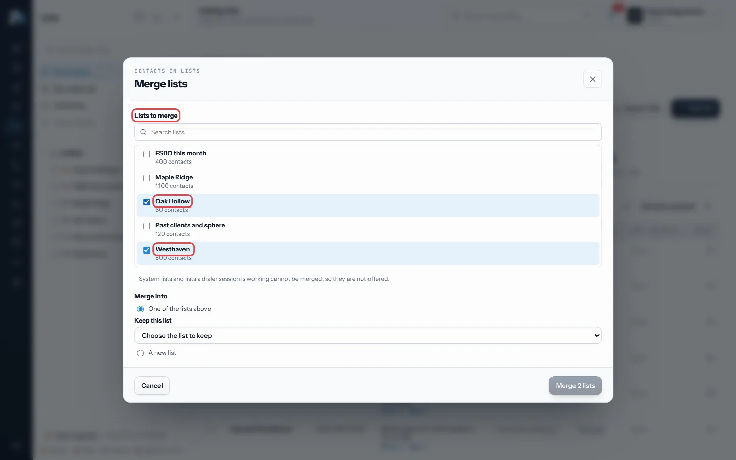 Tick the lists to combine