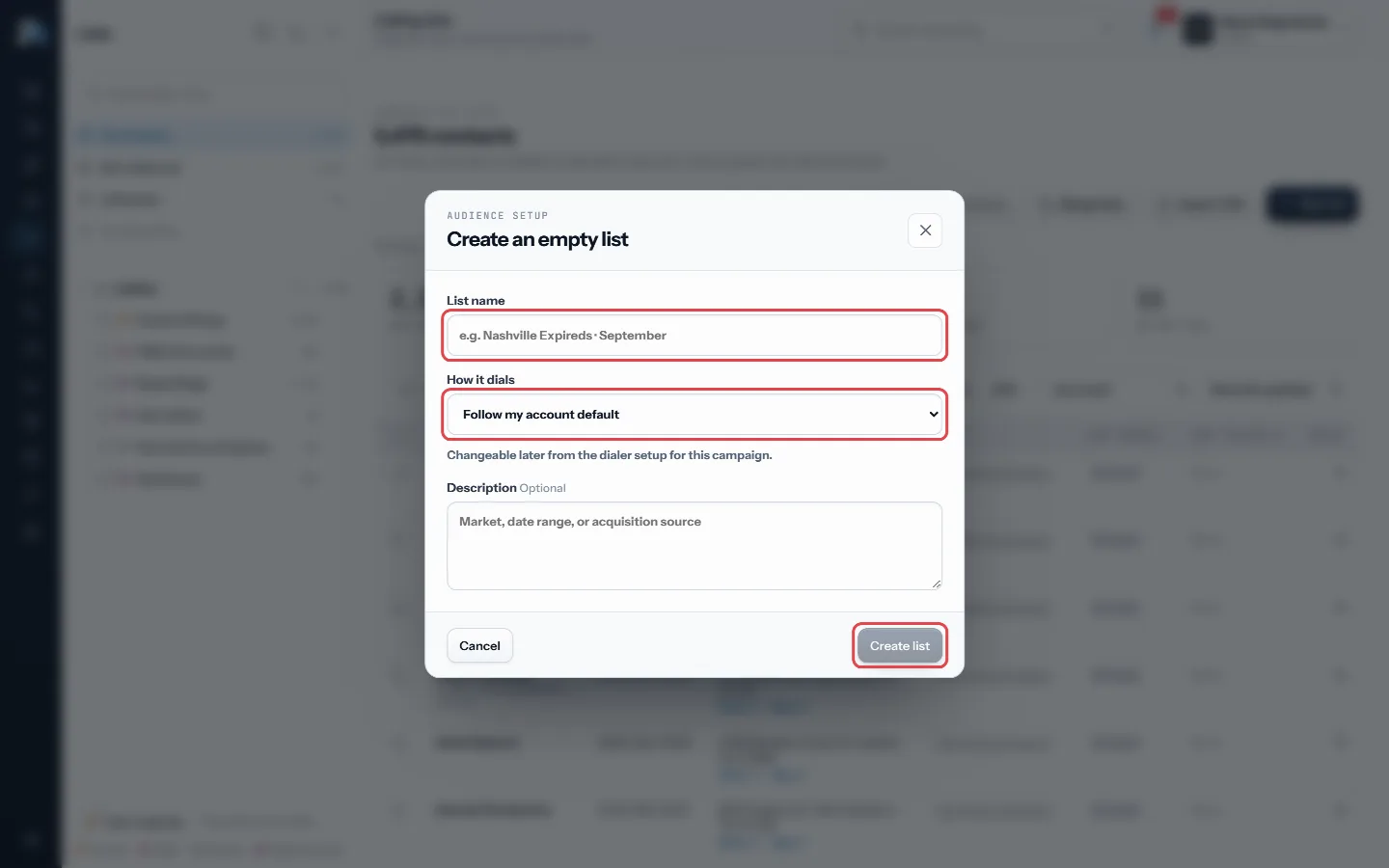 Name it, pick how it dials, then Create list