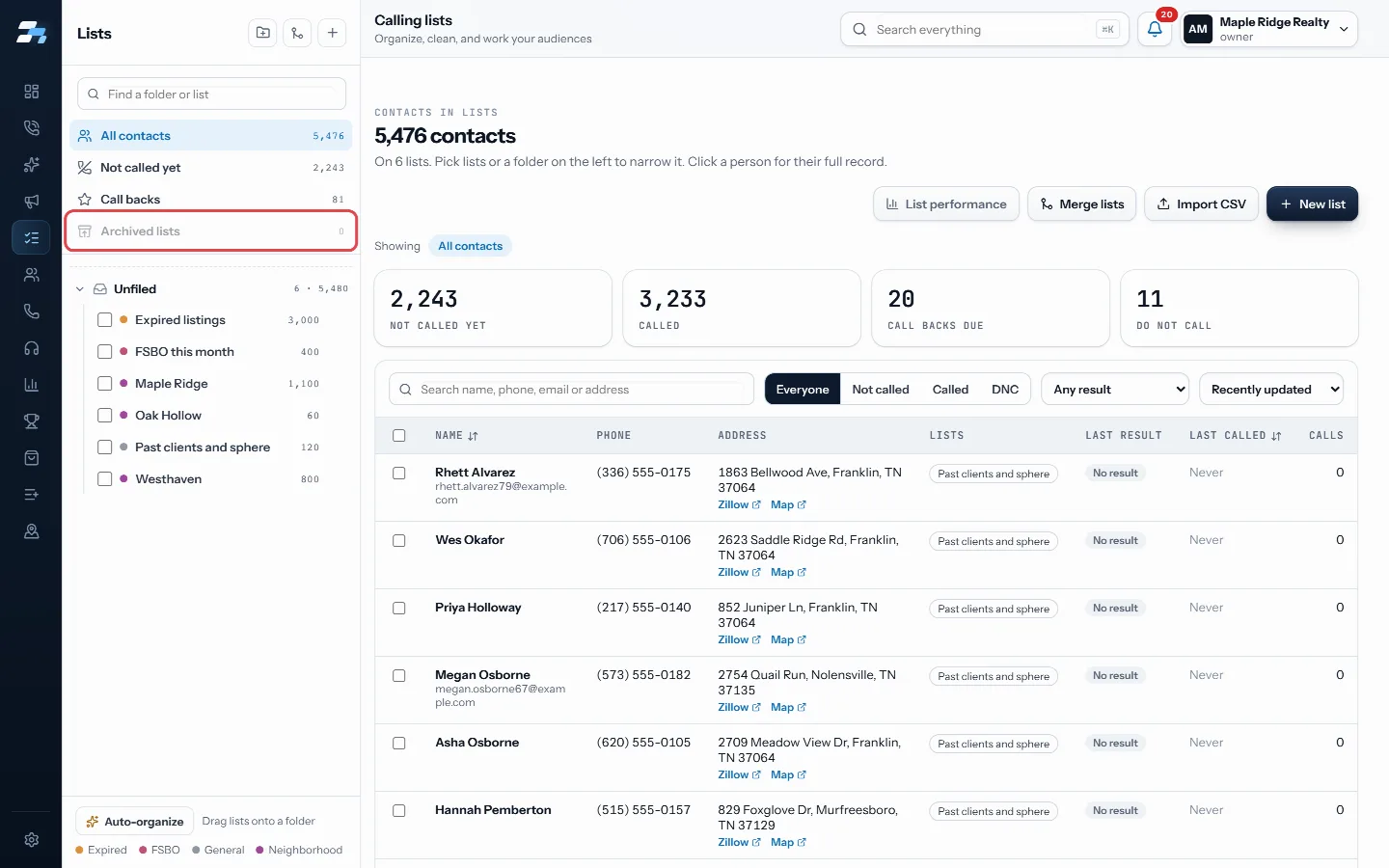 Archived lists in the panel