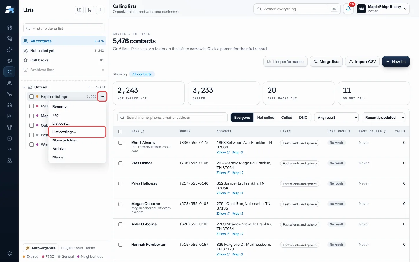 List actions, then List settings…