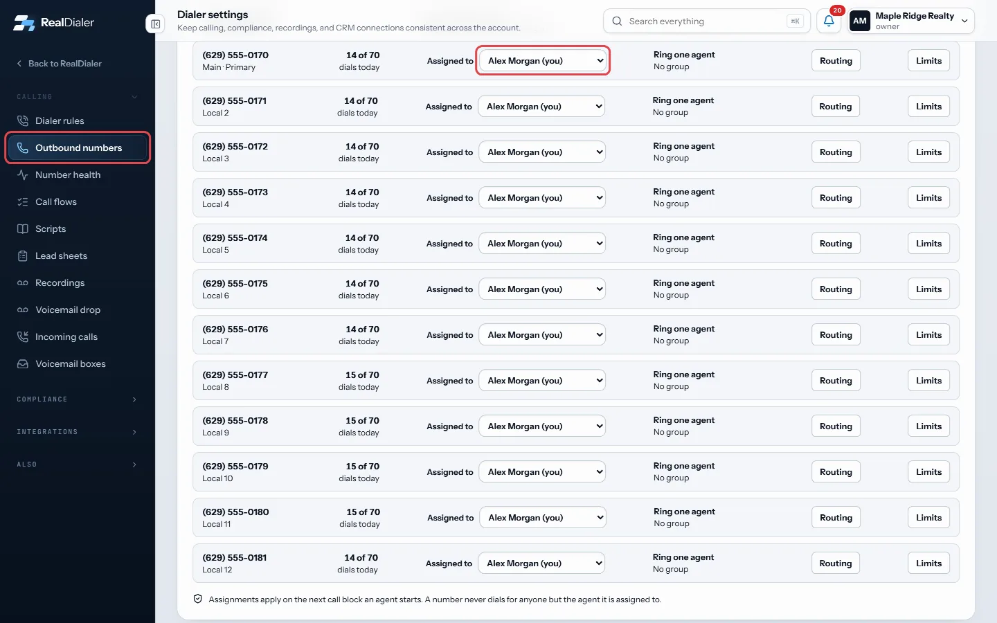 Outbound numbers: pick the agent under Assigned to