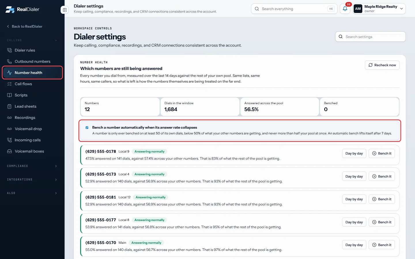 Settings, Number health: tick Bench a number automatically