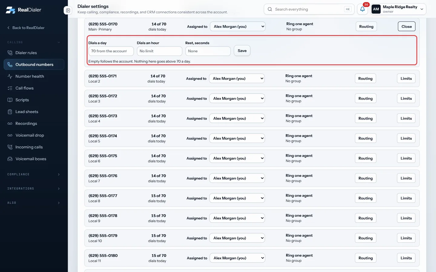 Limits on a number's row opens its own fields; fill them in and press Save