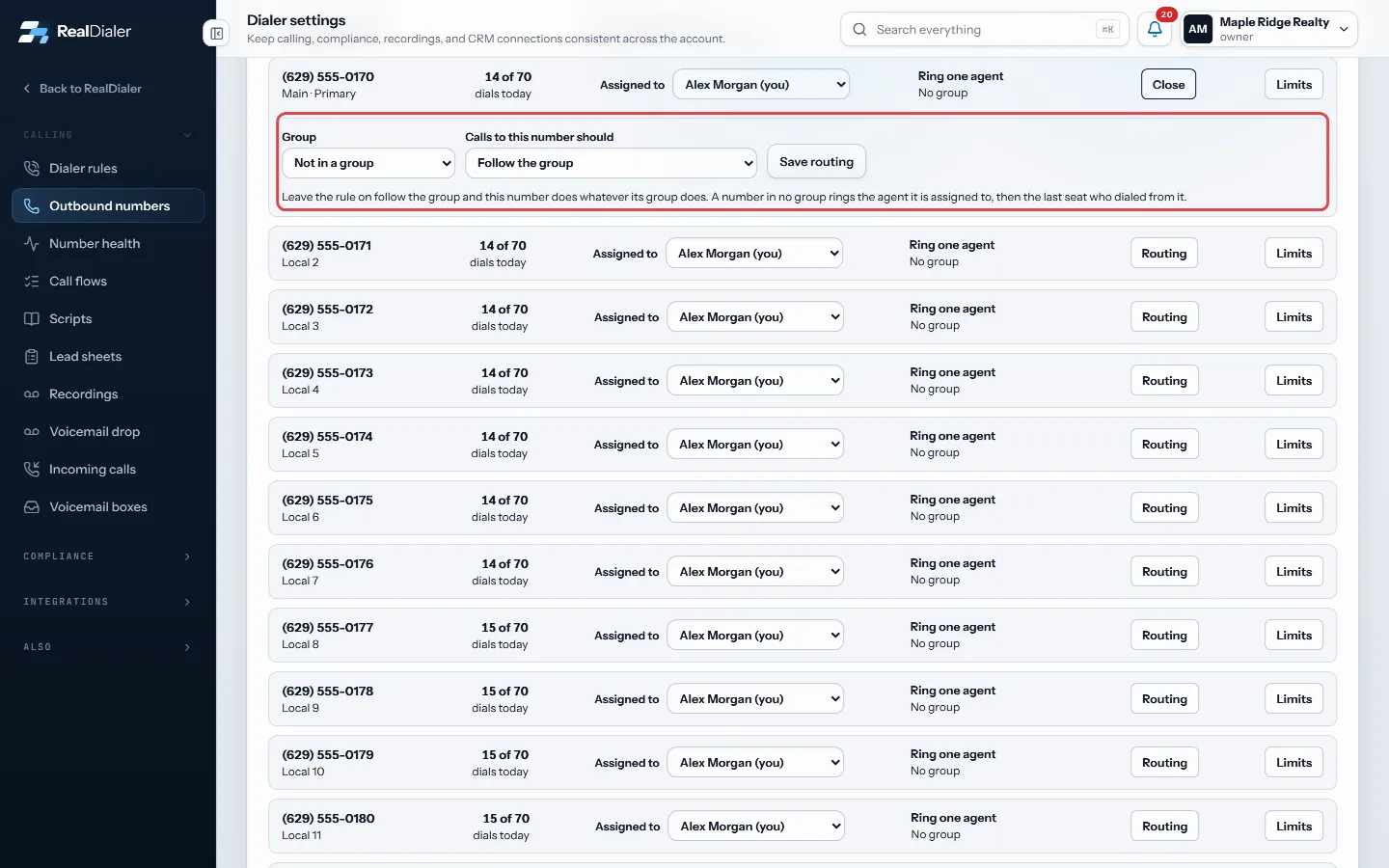 Routing on a number's row: pick its Group and rule, then press Save routing