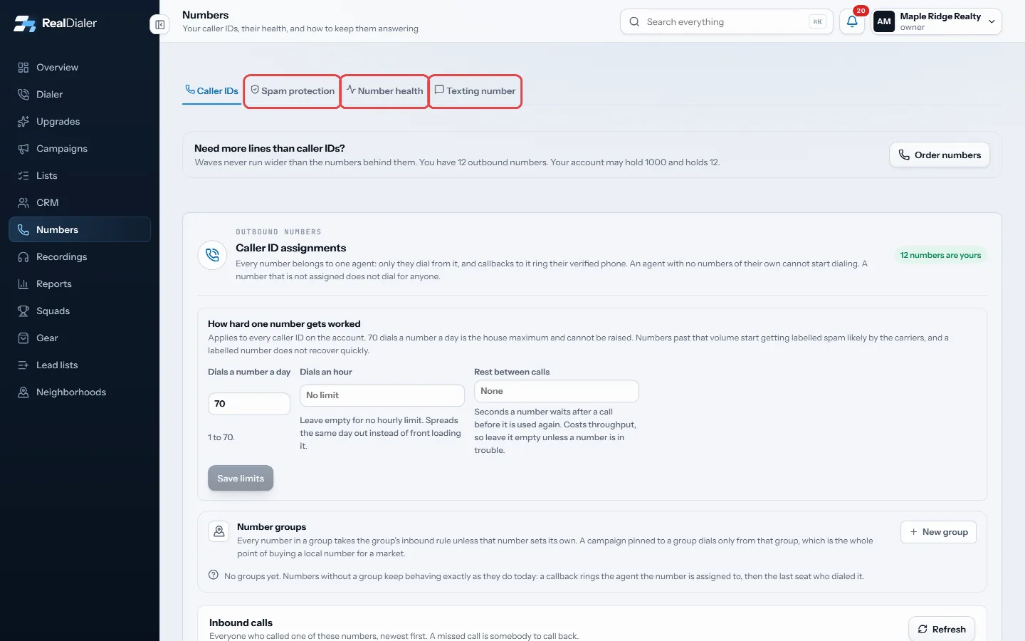Spam protection, Number health and Texting number tabs