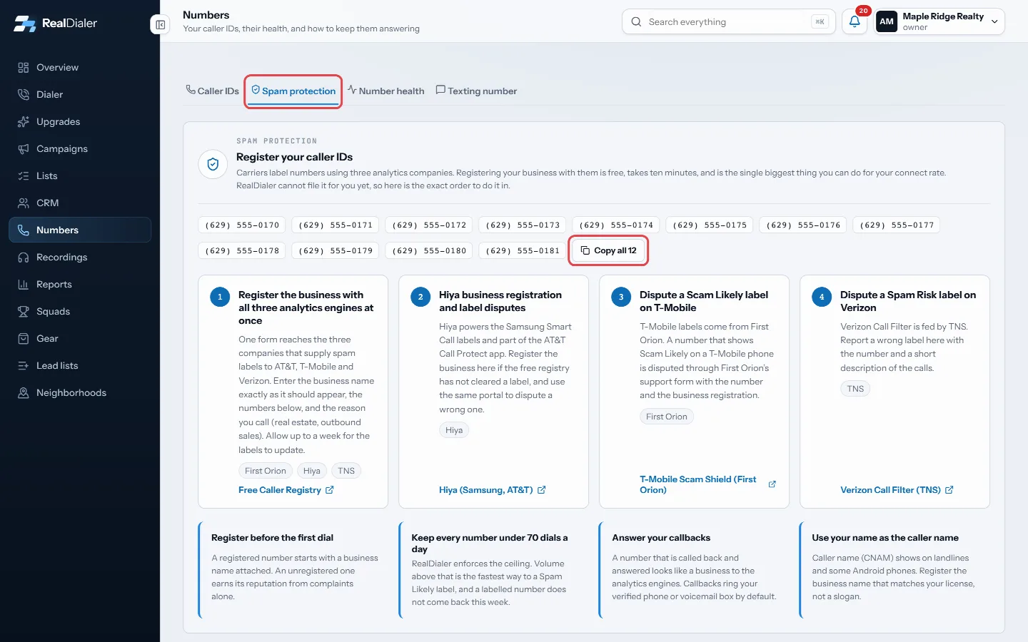 Spam protection tab: Copy all your numbers
