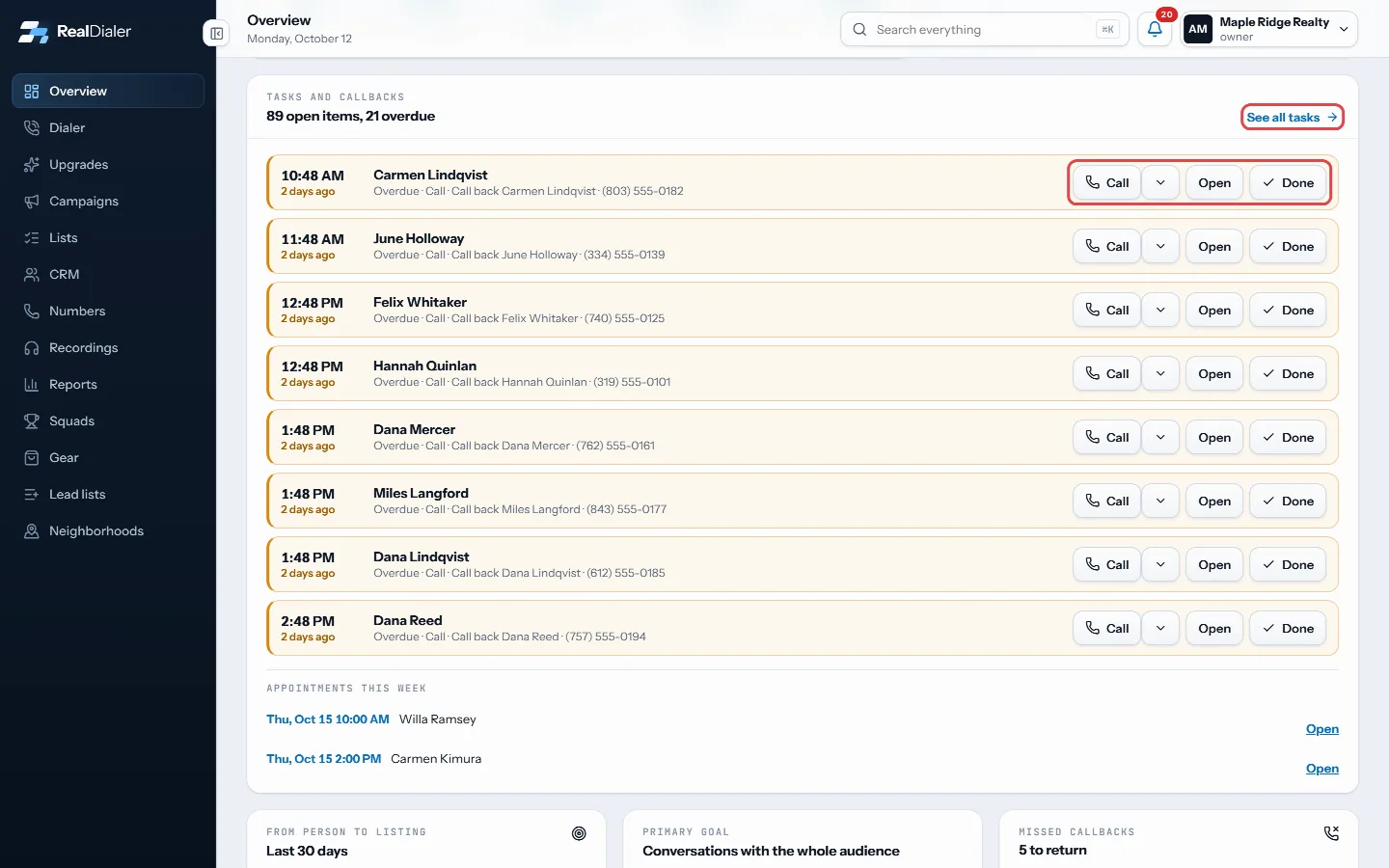 Tasks and callbacks: Call, Open or Done on each item, overdue first.