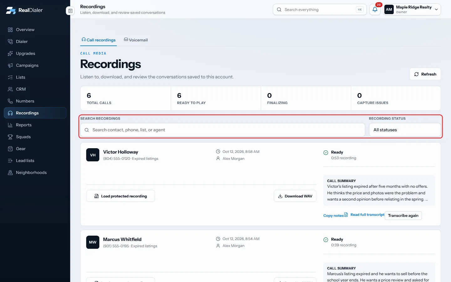 Search recordings and filter by status
