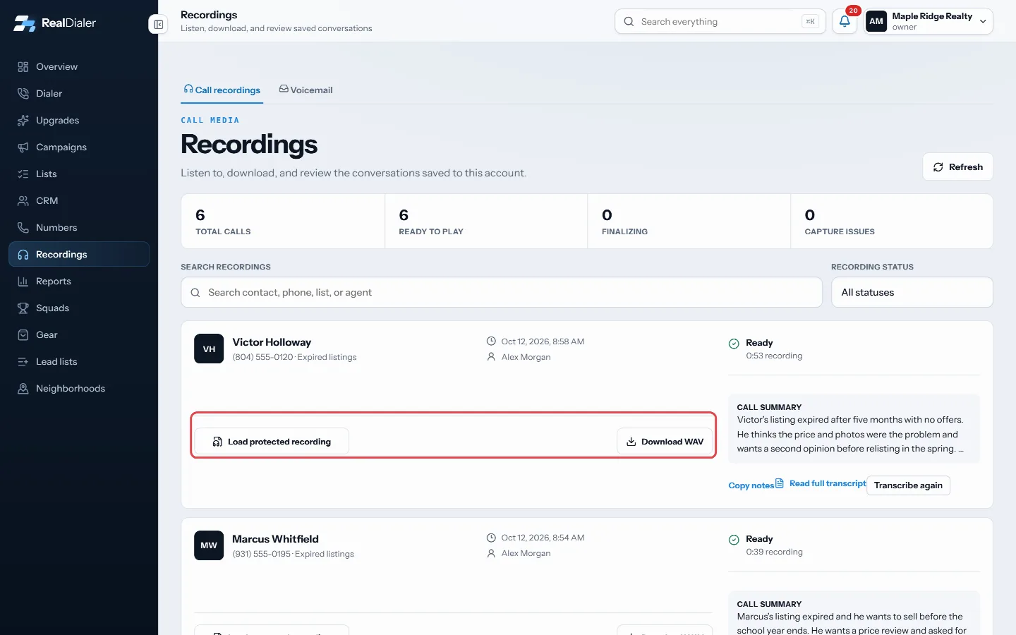 Load the protected recording, then play